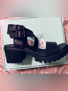 MIA Black Lug Sole Block Heel Sandal with Dual Ankle Buckles